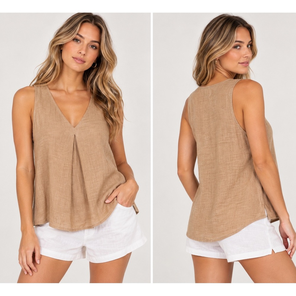 United Colors of Benetton Pure Linen V-Neck Sleeveless Tank Top Tan Khaki Medium